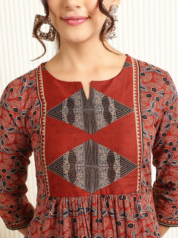 Maroon Rayon Calf Length Printed Round Neck Flared Kurta