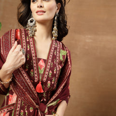 Cotton Calf Length Printed 3/4 Sleeves V-Neck Flared Kurta Suit Set