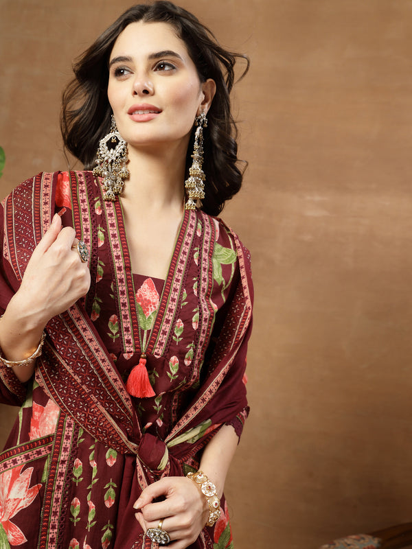 Cotton Calf Length Printed 3/4 Sleeves V-Neck Flared Kurta Suit Set