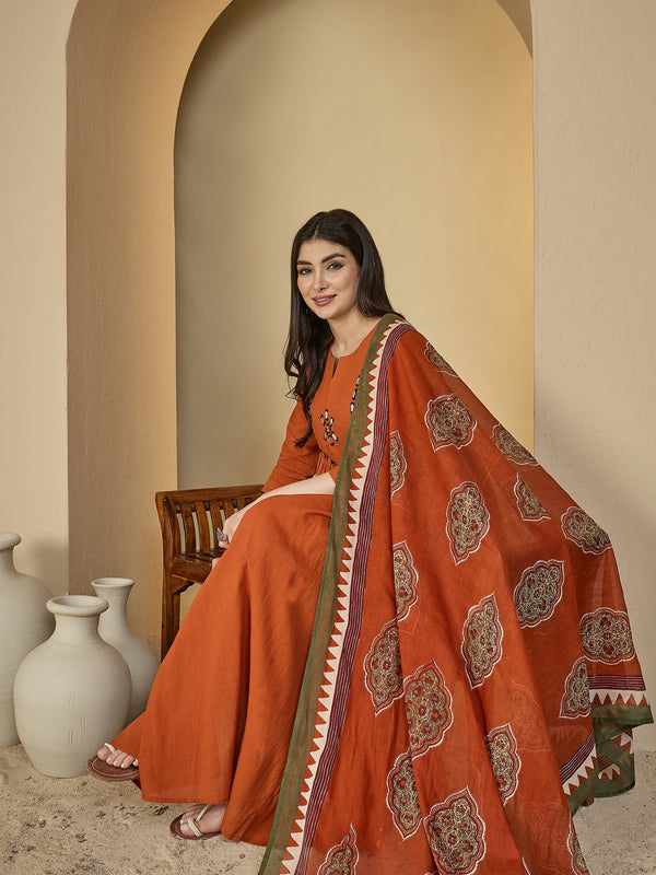 Gulmohar Jaipur Cotton Calf Length Solid 3/4 Sleeves Round Neck Flared Kurta Suit Set