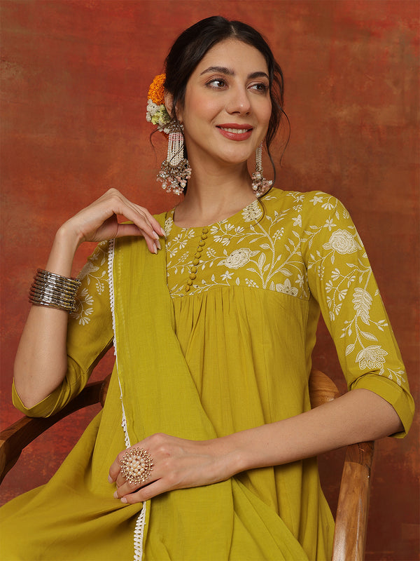 Lime Rayon Solid Hand-Work Round Neck Semi-Flared Kurta Suit Set