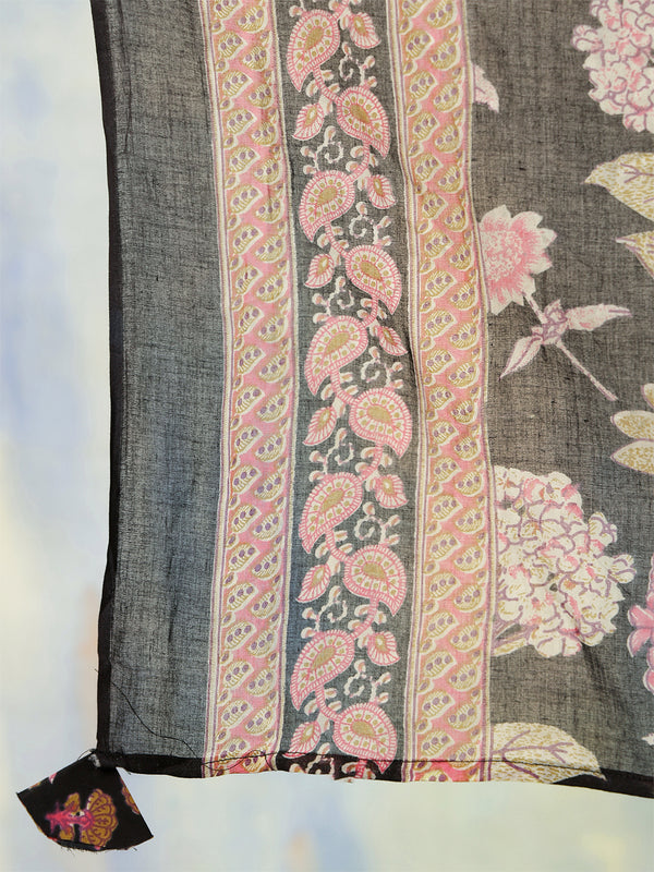 Black Cotton Calf Length Printed Flared V-Neck Kurta Suit Set