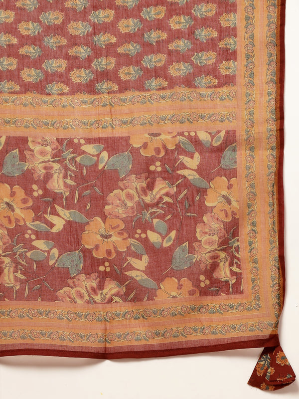 Cotton Calf Length Printed 3/4 Sleeves V-Neck Flared Kurta Suit Set