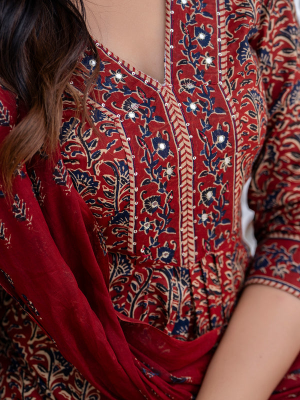 Maroon Cotton Calf Length Printed V-Neck Anarkali Kurta Suit Set