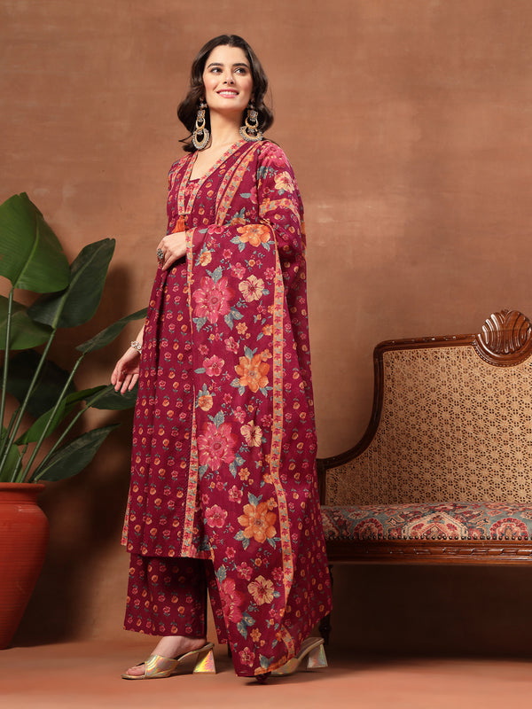 Cotton Calf Length Printed 3/4 Sleeves V-Neck Flared Kurta Suit Set
