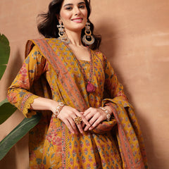 Cotton Calf Length Printed 3/4 Sleeves V-Neck Flared Kurta Suit Set