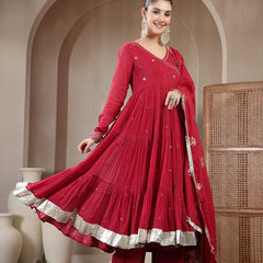 Gulmohar Jaipur Malmal Calf Length Solid Full Sleeves Anrakha Neck Anarkali Kurta Suit Set