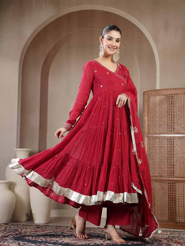 Gulmohar Jaipur Malmal Calf Length Solid Full Sleeves Anrakha Neck Anarkali Kurta Suit Set