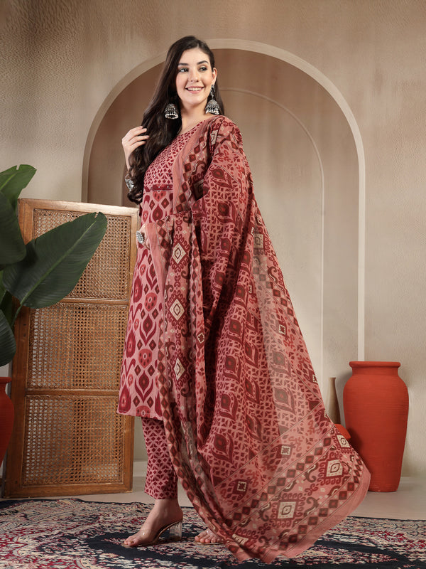 Gulmohar Jaipur Cotton Calf Length Printed 3/4 Sleeves Round Neck Straight Kurta Suit Set