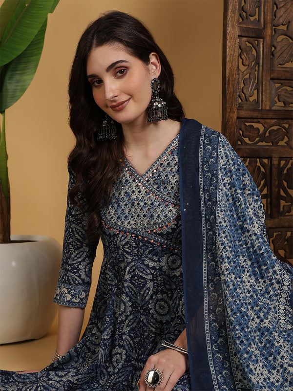 Indigo Cotton Calf Length Printed Flared V-Neck Kurta Suit Set