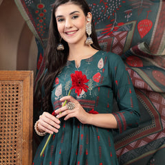 Gulmohar Jaipur Rayon Calf Length Printed 3/4 Sleeves Round Neck A-Line Kurta Suit Set