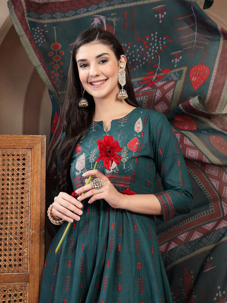 Gulmohar Jaipur Rayon Calf Length Printed 3/4 Sleeves Round Neck A-Line Kurta Suit Set
