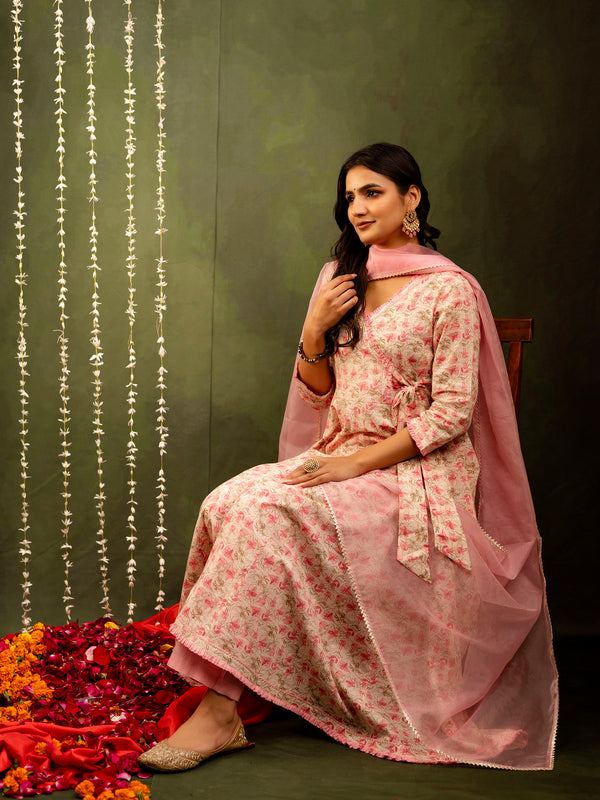 Off White Cotton Calf Length Printed Flared Angrakha Kurta Suit Set