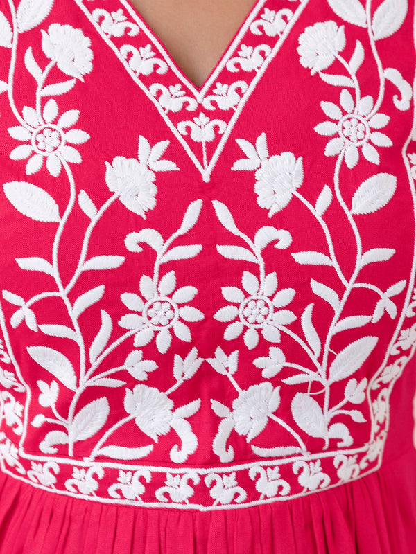 Pink Rayon Hip Length Solid V-Neck Solid Embroidered Semi-Flared Top