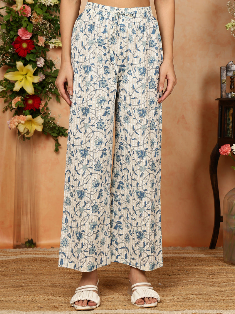 Blue Cotton Calf Length Printed Collared Straight Kurta Palazzo Set