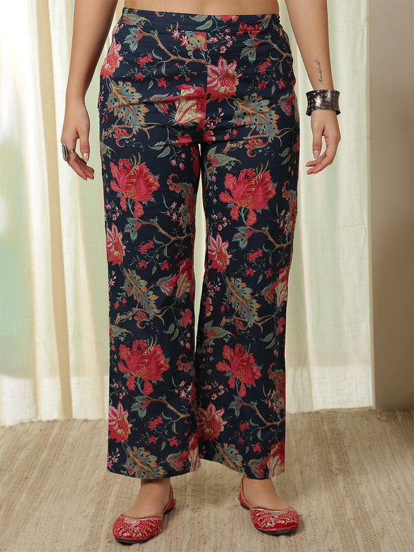 Blue Cotton Calf Length Printed A-Line Mandarin Neck Kurta Palazzo Set