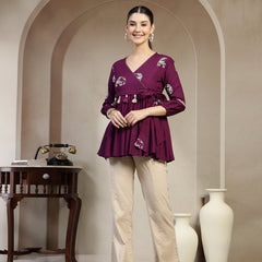 Gulmohar Jaipur Rayon Hip Length Printed 3/4 Sleeves V-Neck Flared Top