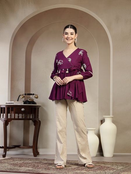 Gulmohar Jaipur Rayon Hip Length Printed 3/4 Sleeves V-Neck Flared Top