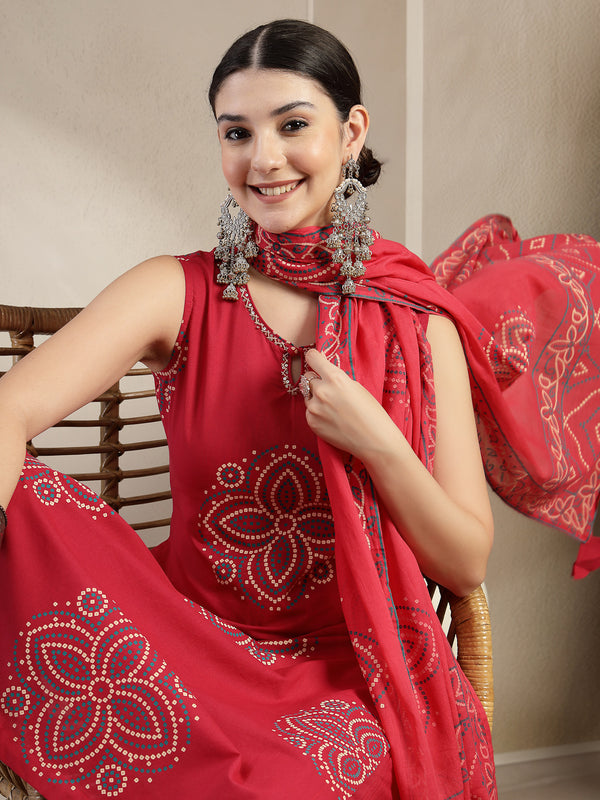 Gulmohar Jaipur Cotton Calf Length Printed Sleeveless Round Neck Straight Kurta Suit Set