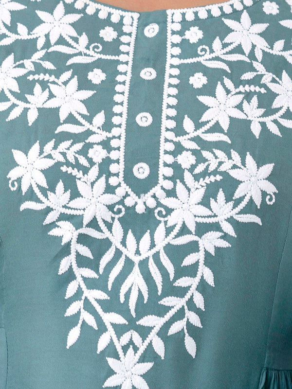 Skyblue Rayon Hip Length Solid Round Neck Solid Embroidered Straight Top