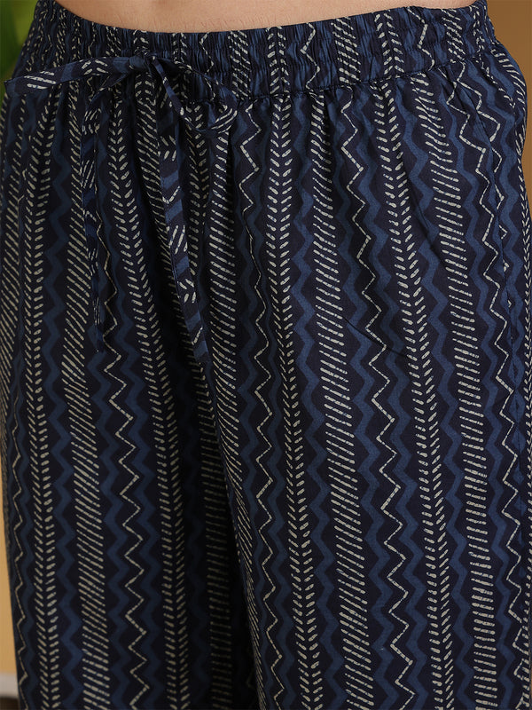 Navy Blue Cotton Calf Length Printed Flared V-Neck Kurta Palazzo Set