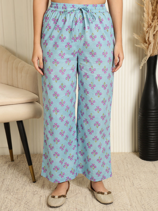 Light Blue Cotton Calf Length Printed V-Neck Flared Kurta Suit Set