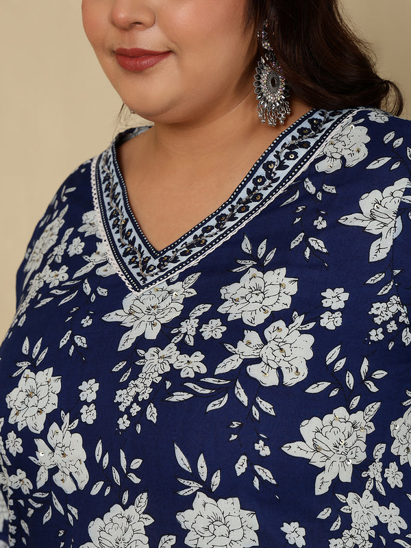 Cotton  Calf Length Printed Straight 3/4 Sleeves V-Neck Kurta