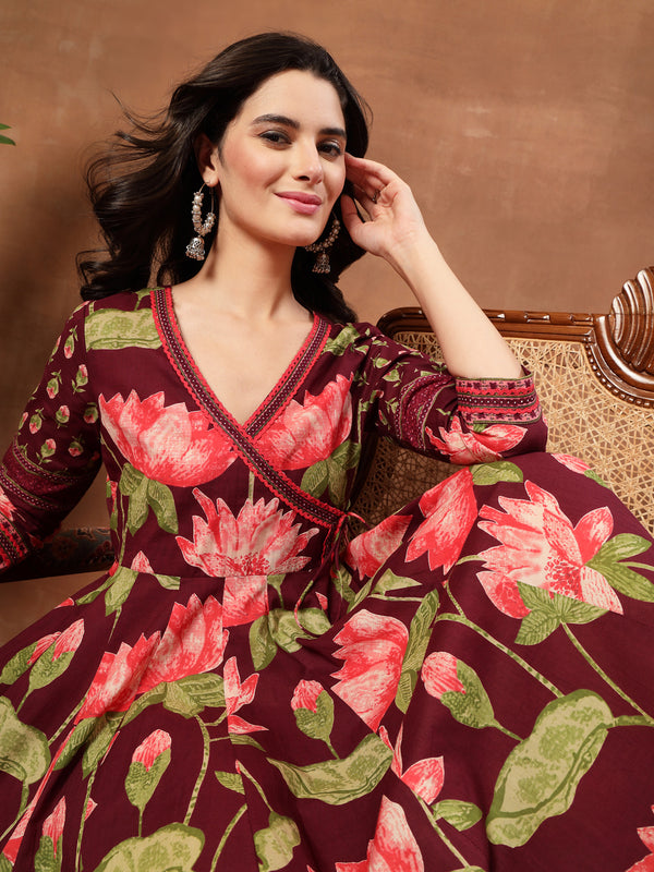 Cotton Ankle Length Printed 3/4 Sleeves V-Neck Flared Kurta