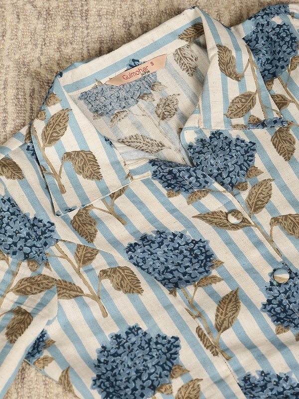 Blue Cotton Flex Calf Length Printed Shirt Coller Straight Kurta