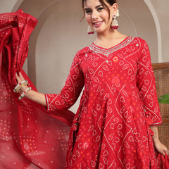 Cotton Calf Length Printed 3/4 Sleeve V-Neck Flared Kurta Suit Set