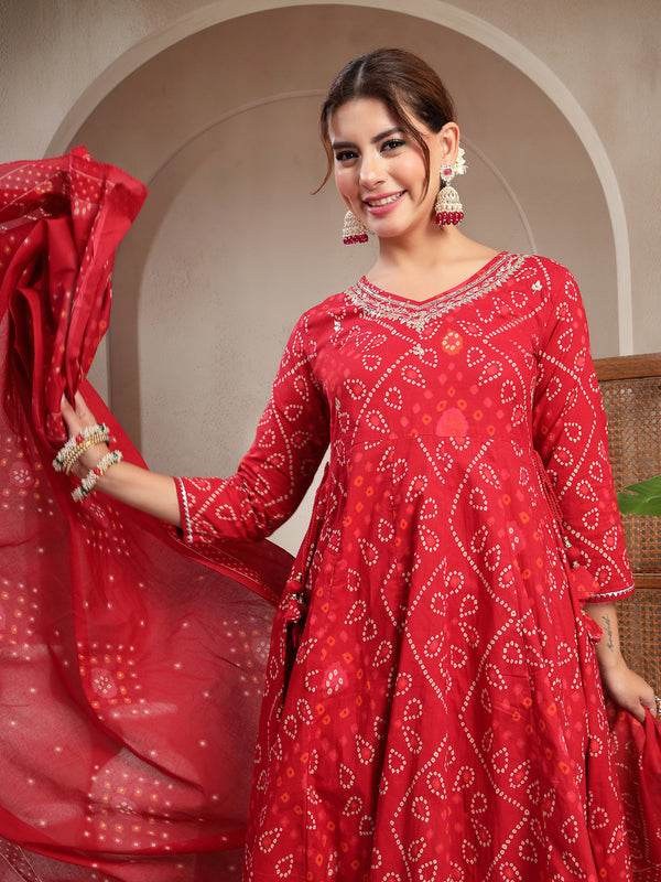 Cotton Calf Length Printed 3/4 Sleeve V-Neck Flared Kurta Suit Set