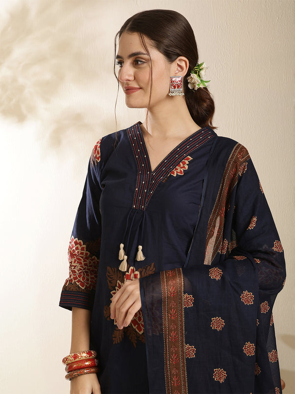 Maroon Pure Cotton Printed 3/4 Sleeves V-Neck Straight Kurta Suit Set