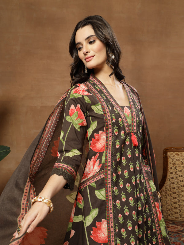 Cotton Calf Length Printed 3/4 Sleeves V-Neck Flared Kurta Suit Set