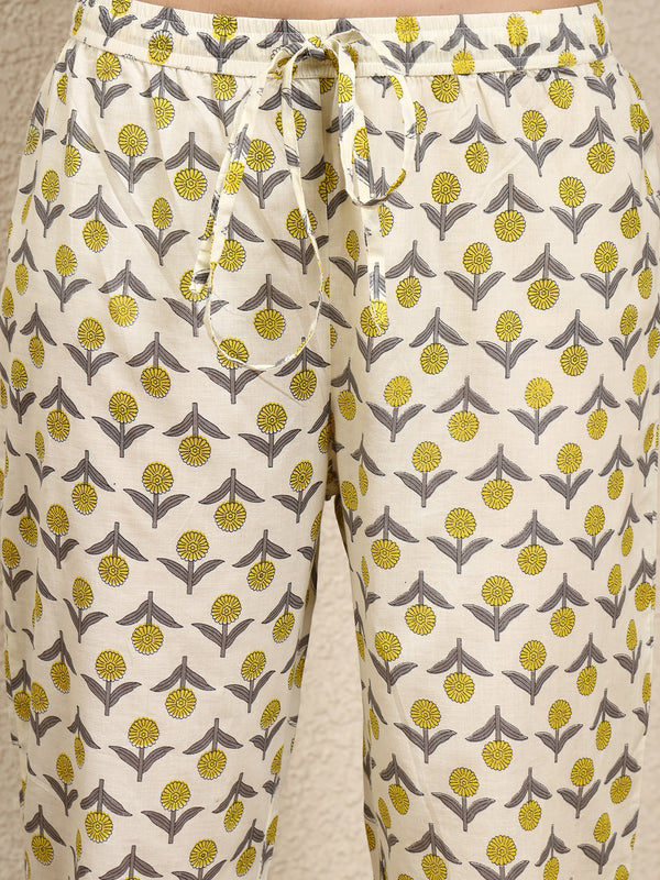 Lemon Cotton Calf Length Printed Round Neck Anarkali Kurta Suit Set