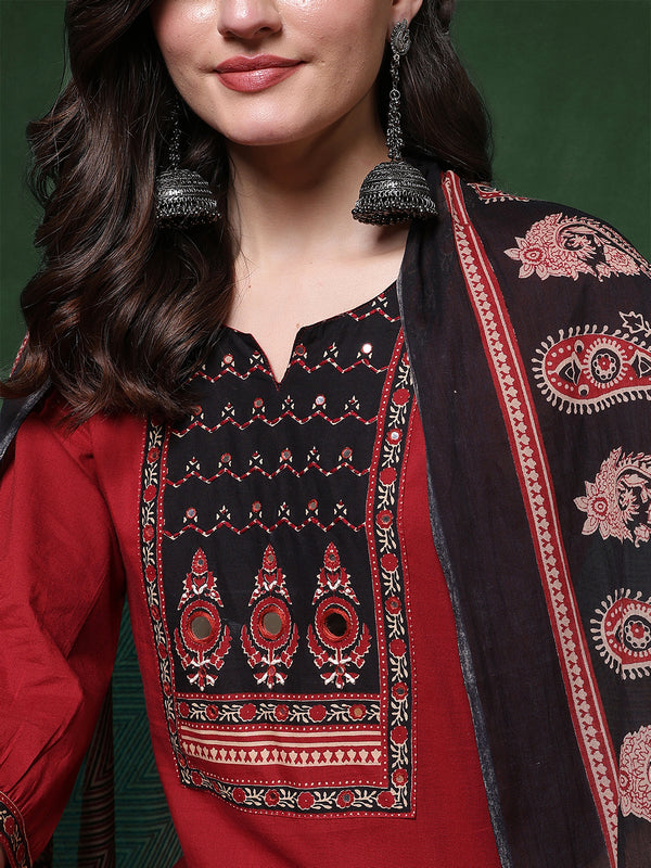 Maroon Rayon Calf Length Solid 3/4 Sleeves Round Neck Straight Kurta Suit Set