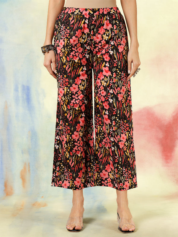 Black Pure Cotton Printed Embroidered Semi-Flared Kurta Suit Set