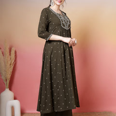 Cotton Calf Length Printed 3/4 Sleeves Round Neck Semi-Flared Kurta Suit Set