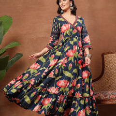 Cotton Ankle Length Printed 3/4 Sleeves V-Neck Flared Kurta