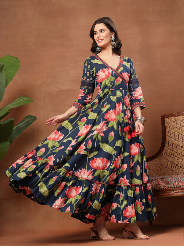 Cotton Ankle Length Printed 3/4 Sleeves V-Neck Flared Kurta