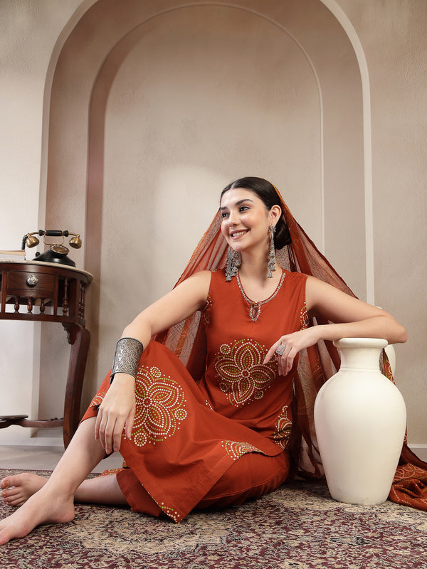 Gulmohar Jaipur Cotton Calf Length Printed Sleeveless Round Neck Straight Kurta Suit Set