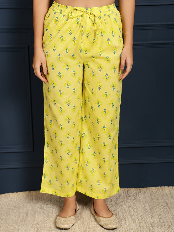 Lime Cotton Calf Length Printed V-Neck Flared Kurta Suit Set