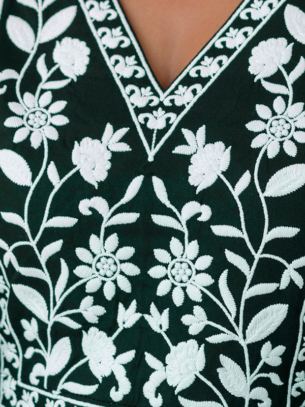 Bottle Green Rayon Hip Length Solid V-Neck Solid Embroidered Semi-Flared Top