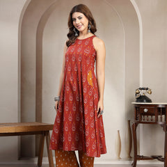 Cotton Calf Length Printed Sleeveless Round Neck Flared Kurta Suit Set