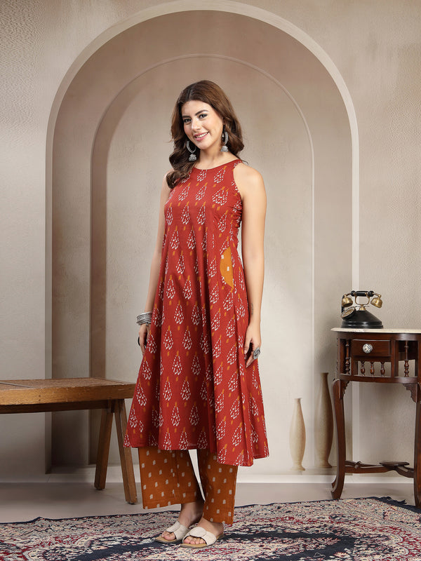 Cotton Calf Length Printed Sleeveless Round Neck Flared Kurta Suit Set