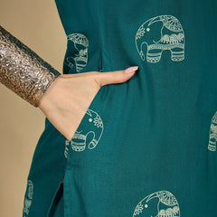 Gulmohar Jaipur Rayon Calf Length Printed Sleeveless V-Neck Straight Kurta Suit Set