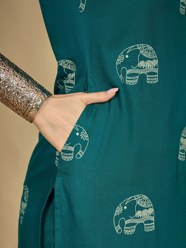 Gulmohar Jaipur Rayon Calf Length Printed Sleeveless V-Neck Straight Kurta Suit Set