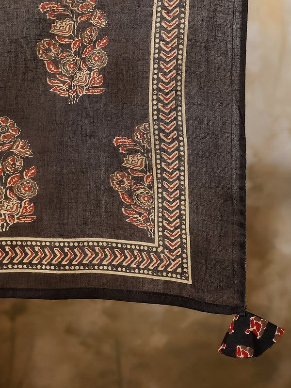 Black Cotton Calf Length Printed V-Neck Flared Kurta Suit Set