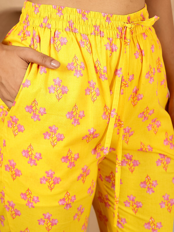 Yellow Cotton Hip Length Printed Shirt Coller Asymmetric Kurta Pant Set