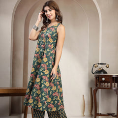 Cotton Calf Length Printed Sleeveless V-Neck Flared Kurta Suit Set