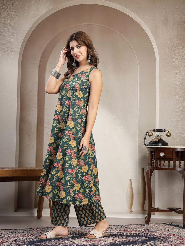 Cotton Calf Length Printed Sleeveless V-Neck Flared Kurta Suit Set